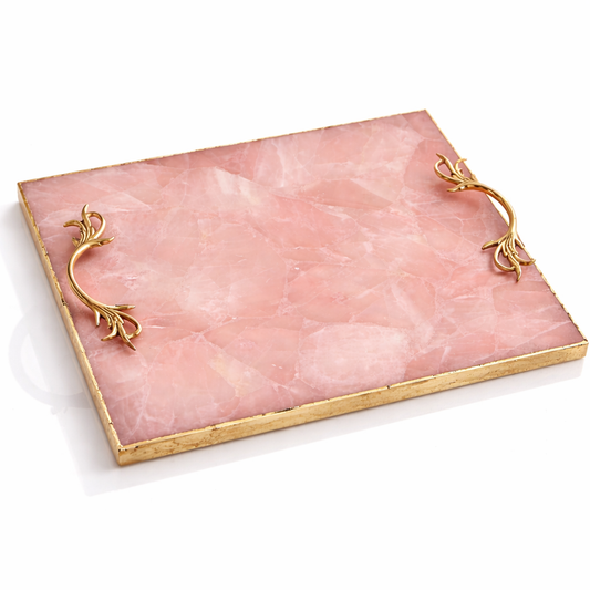 Rose Quartz Agate Serving Tray With Brass Handles