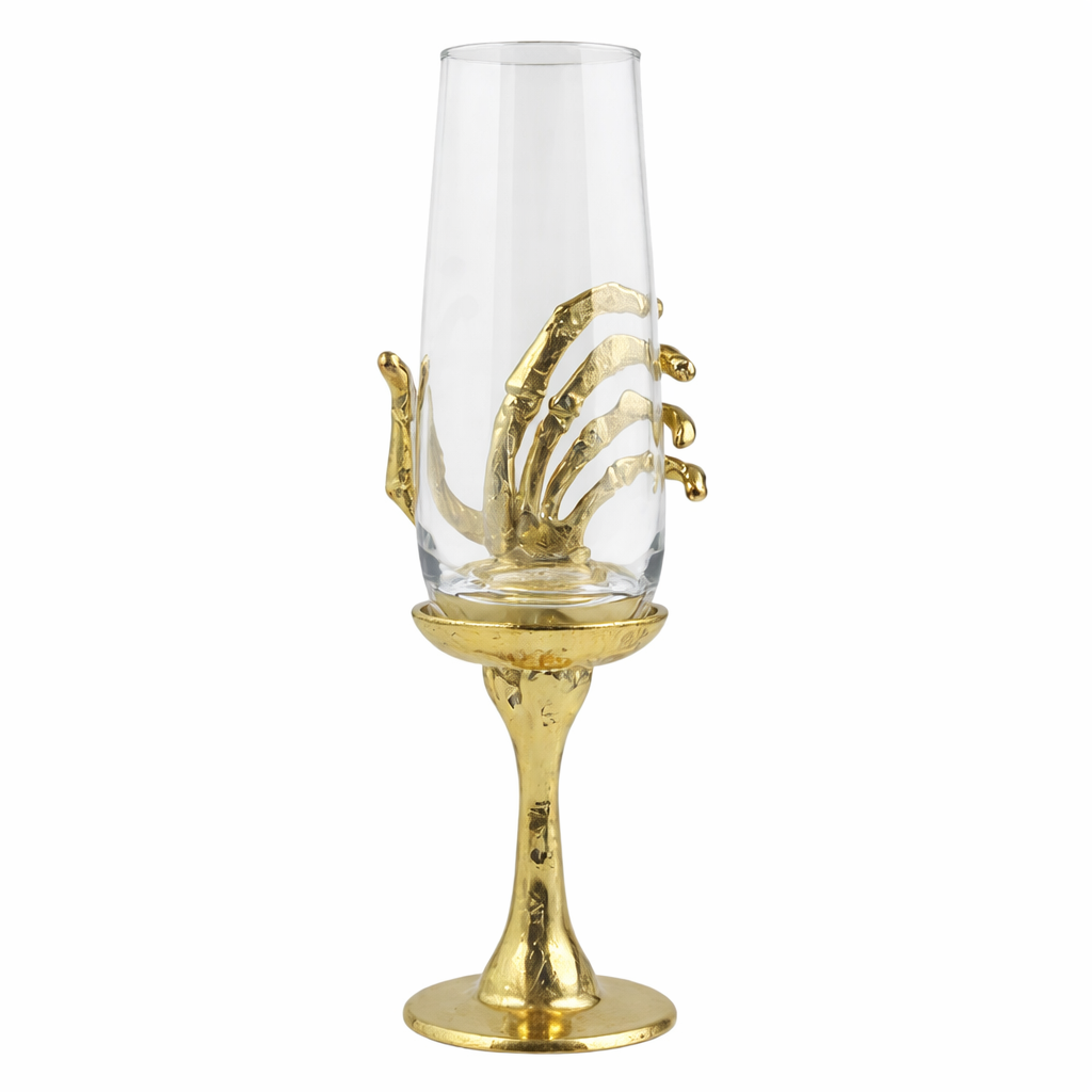 Skeletal Hand Statement Barware | Designer Champagne Glasses | Gold, Silver or Antique Finish | Set of 4