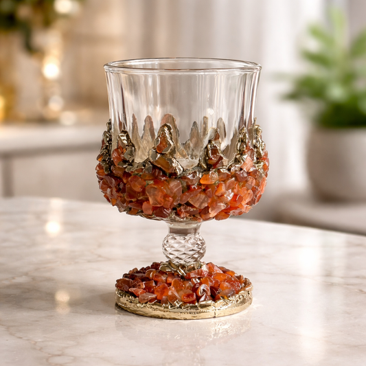 Set of 2 |Crystal Wine Glasses with Gold Plated Red Agate/Quartz Semi-precious Crystals | 7 oz/210 ml