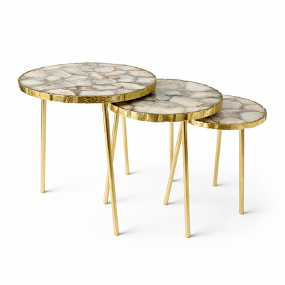White Crystal Agate Partial Nesting Tables (Set of 3) | 16", 14", 12" Diameter