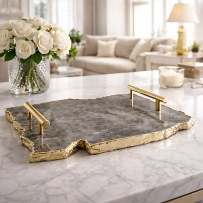 Large Smoky Grey Agate Serving Tray With Plain Modern Brass Handles/Personalised Momentos/Sign Boards 10"x15"