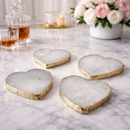 White Grey Agate - Set of 4 Large Heart Shaped Coasters | Personalised Momentos
