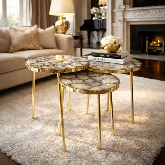 White Crystal Agate Partial Nesting Tables (Set of 3) | 16", 14", 12" Diameter
