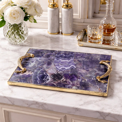Amethyst Rectangular Tray with Royal Arch brass handles – deep purple amethyst, gold finish, styled on marble, India