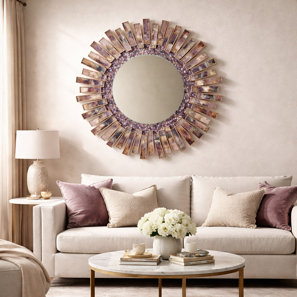 Starburst - Handmade 20" Round Rose Gold Plated Amethyst Mirror with Amethyst Crystal Gemstones