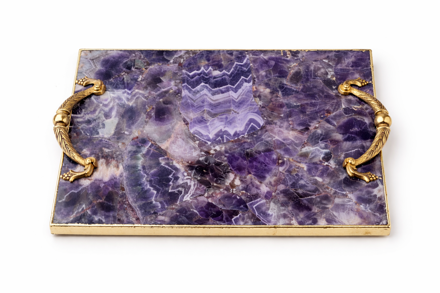Amethyst Rectangular Tray with Royal Arch brass handles – full product view, deep purple stone, gold finish, India