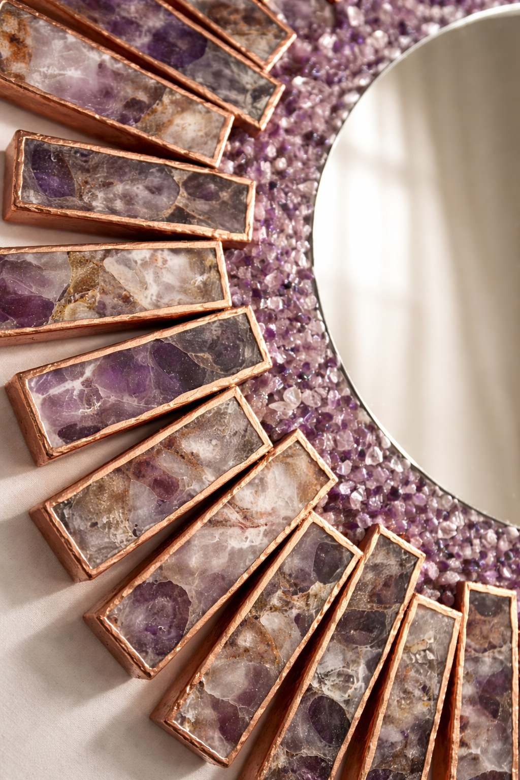 Starburst - Handmade 20" Round Rose Gold Plated Amethyst Mirror with Amethyst Crystal Gemstones