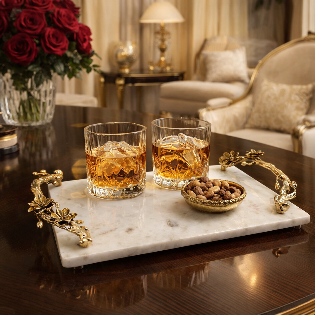 White Marble Tray with Gilded Floral Handles | Decorative Serveware | Shop Now