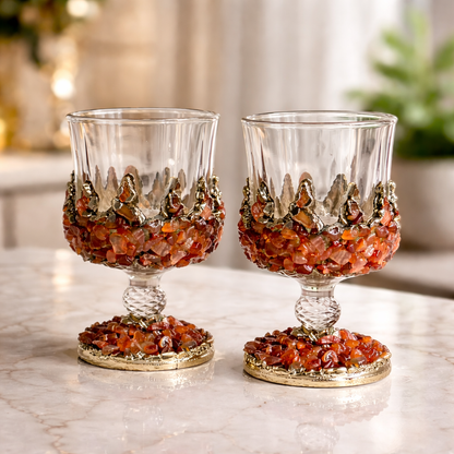Set of 2 |Crystal Wine Glasses with Gold Plated Red Agate/Quartz Semi-precious Crystals | 7 oz/210 ml