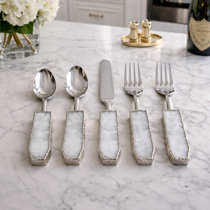 Set of 5 Pieces White Agate Cutlery - Forks/Spoons/Knife