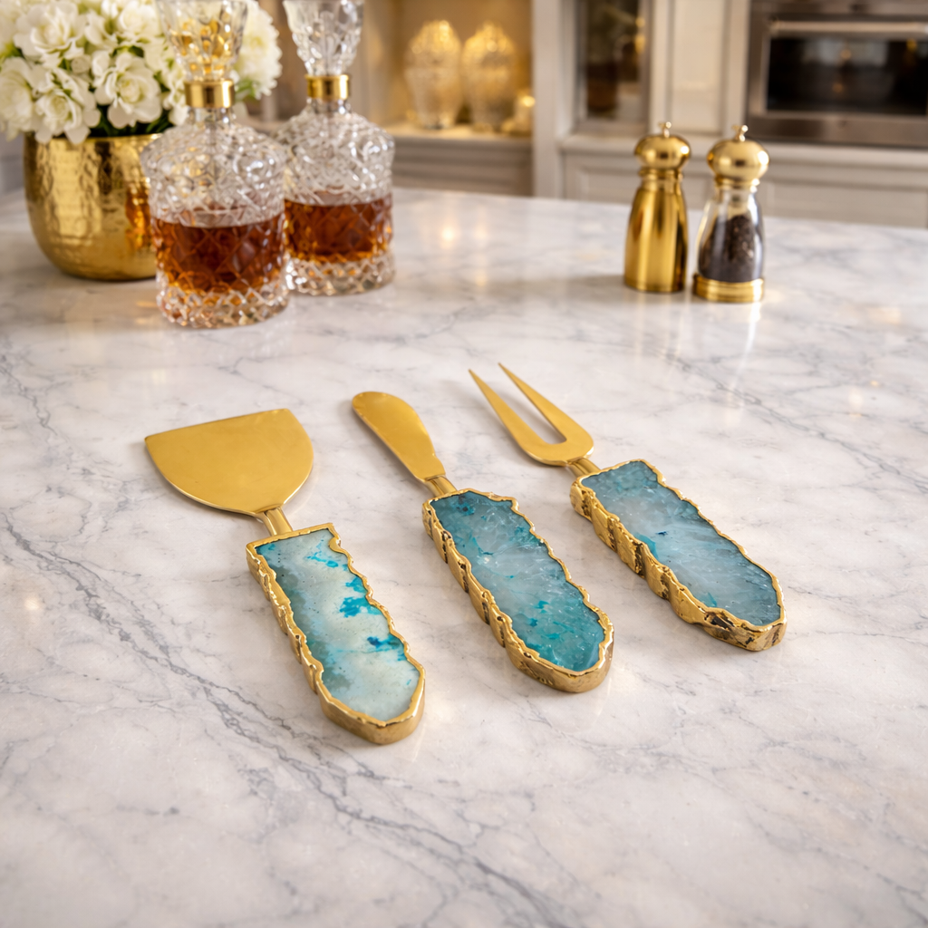 Set of 3 Aqua Agate Cheese Knives/Spreaders