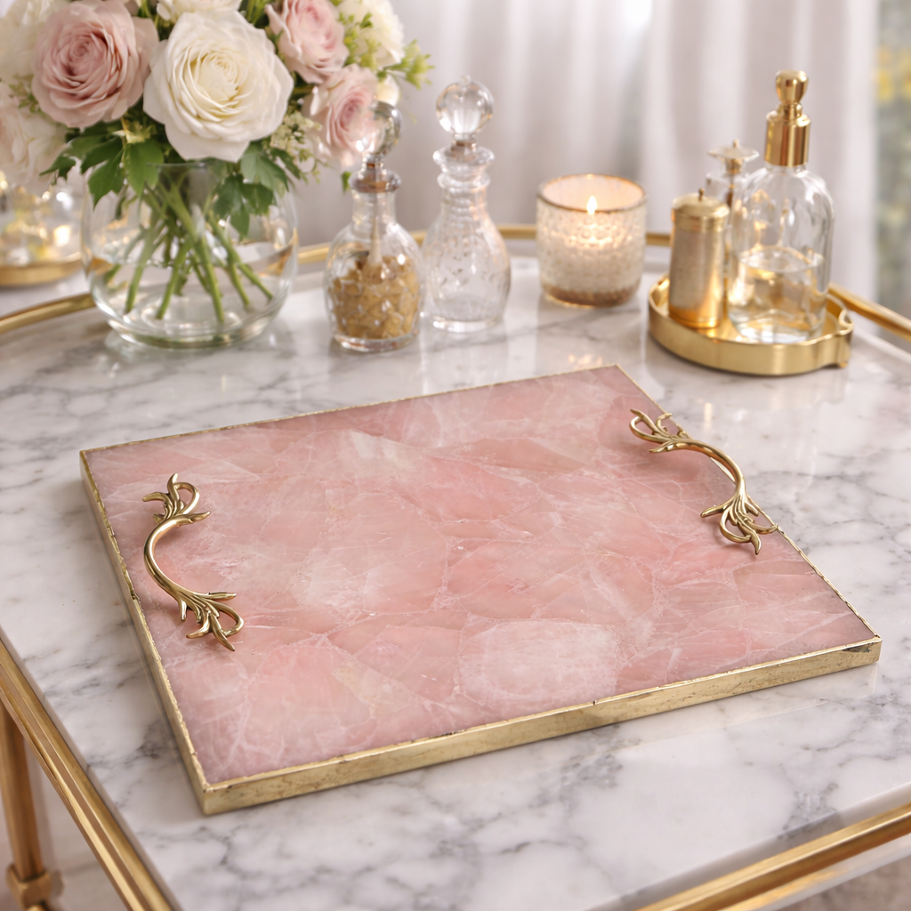 Rose Quartz Agate Serving Tray With Brass Handles