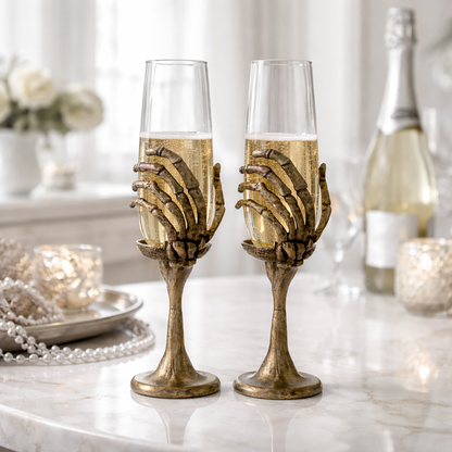 Skeletal Hand Statement Barware | Designer Champagne Glasses | Gold, Silver or Antique Finish | Set of 4