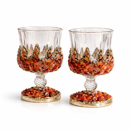 Set of 2 |Crystal Wine Glasses with Gold Plated Red Agate/Quartz Semi-precious Crystals | 7 oz/210 ml