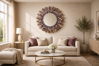 Starburst - Handmade 20" Round Rose Gold Plated Amethyst Mirror with Amethyst Crystal Gemstones