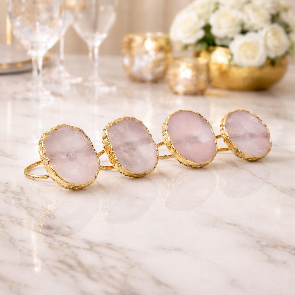 Set of 4 Hand Rounded Rose Quartz Agate Napkin Rings