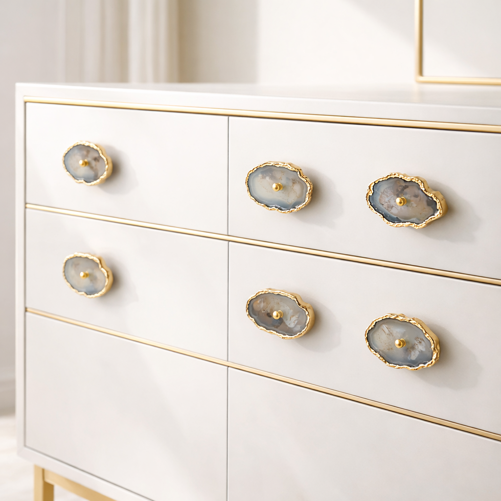 Six knobs fitted to a white dresser with slim gold trim on each drawer