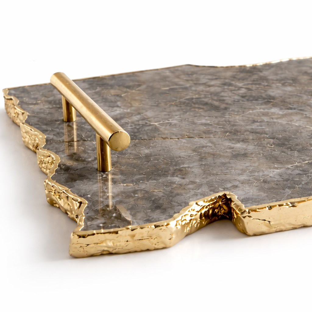 Large Smoky Grey Agate Serving Tray With Plain Modern Brass Handles/Personalised Momentos/Sign Boards 10"x15"