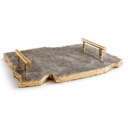 Large Smoky Grey Agate Serving Tray With Plain Modern Brass Handles/Personalised Momentos/Sign Boards 10"x15"