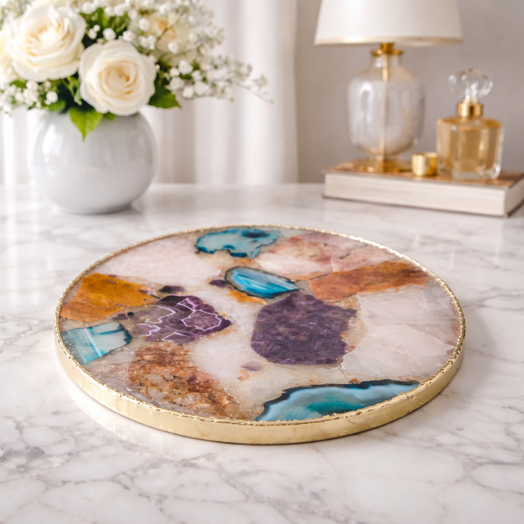 Large Multicolored 12" Diameter Agate Platter/Tray/Personalised Momentos/Sign Boards