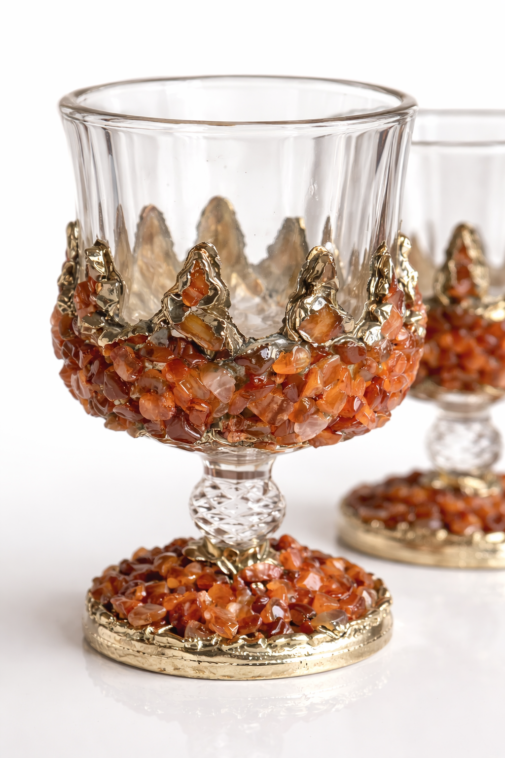 Set of 2 |Crystal Wine Glasses with Gold Plated Red Agate/Quartz Semi-precious Crystals | 7 oz/210 ml