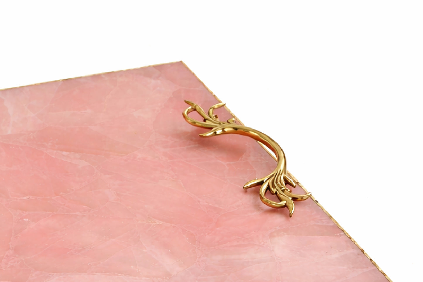 Rose Quartz Agate Serving Tray With Brass Handles