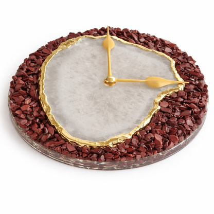 6" Diameter Burnt Red Crystal With White Agate Wall Clock