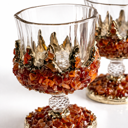 Set of 2 |Crystal Wine Glasses with Gold Plated Red Agate/Quartz Semi-precious Crystals | 7 oz/210 ml
