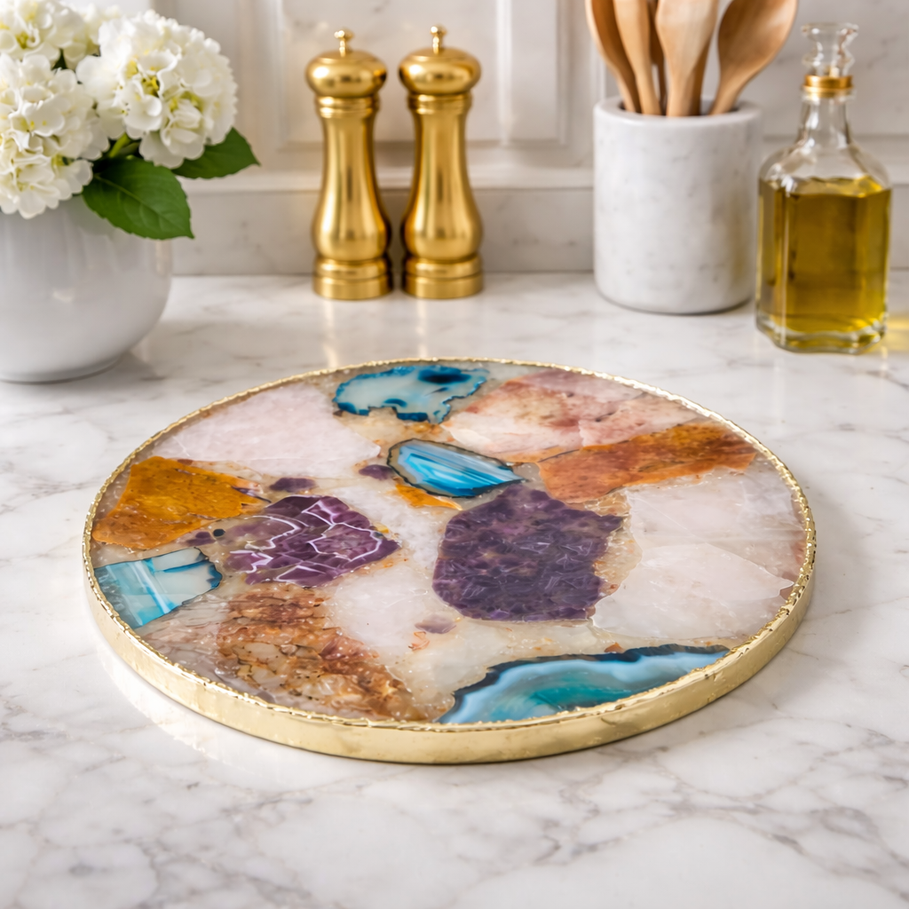 Large Multicolored 12" Diameter Agate Platter/Tray/Personalised Momentos/Sign Boards