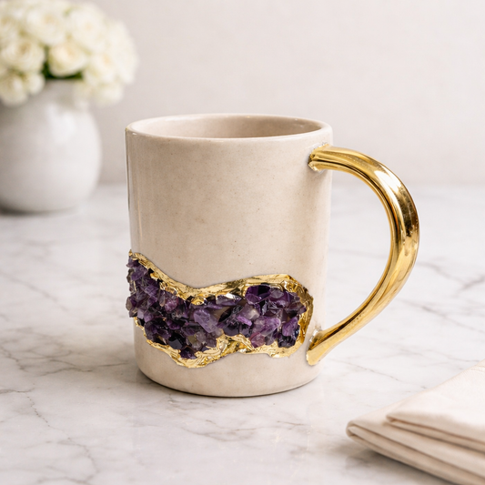 Cream & Gold Ceramic Amethyst Mugs (Set of 2)