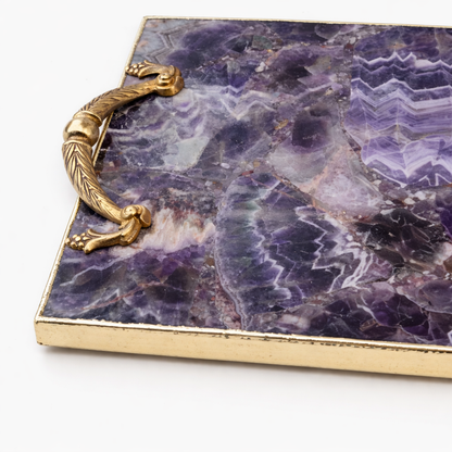 Amethyst rectangular tray – Royal Arch handle close-up, purple chevron banding stone detail, handcrafted India