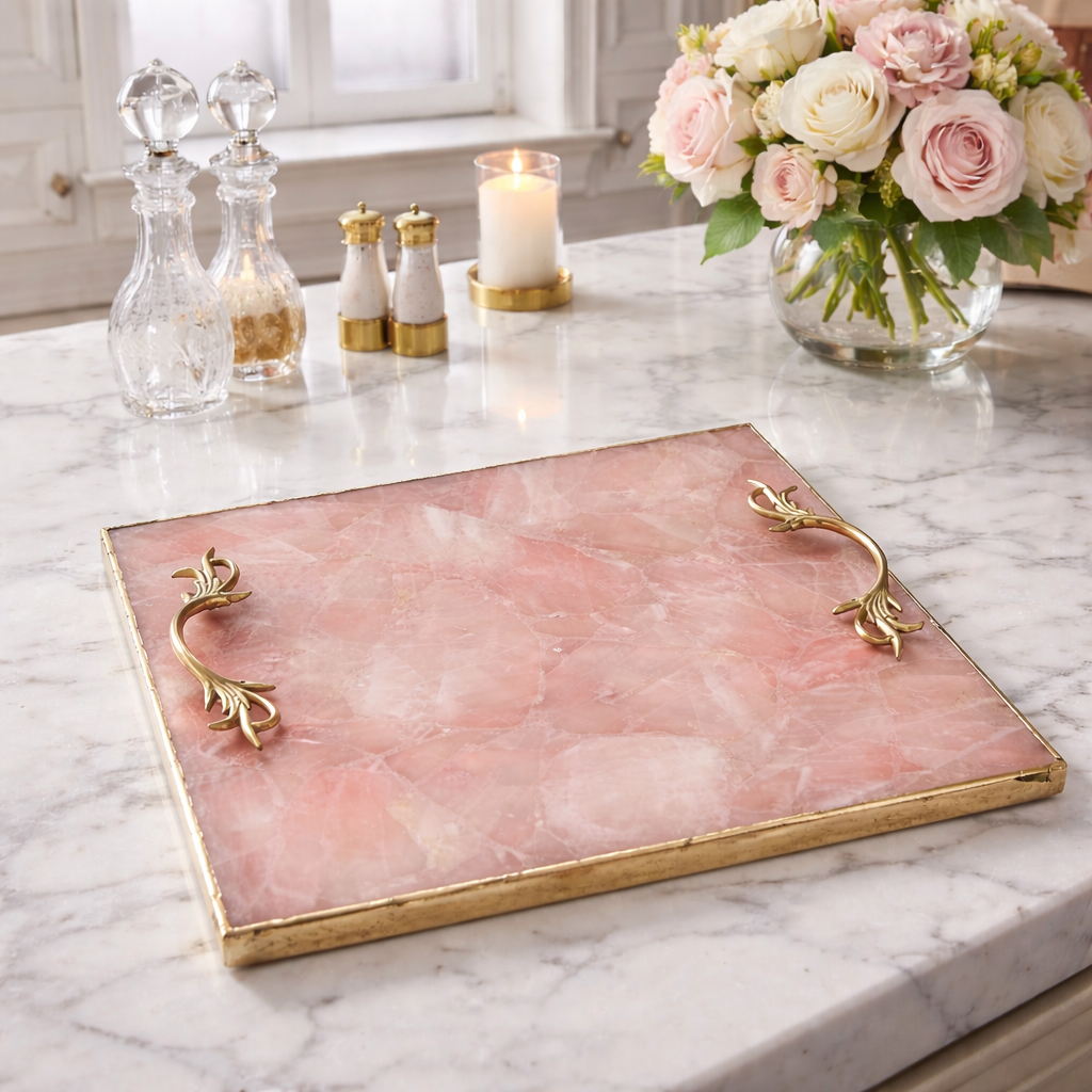 Rose Quartz Agate Serving Tray With Brass Handles