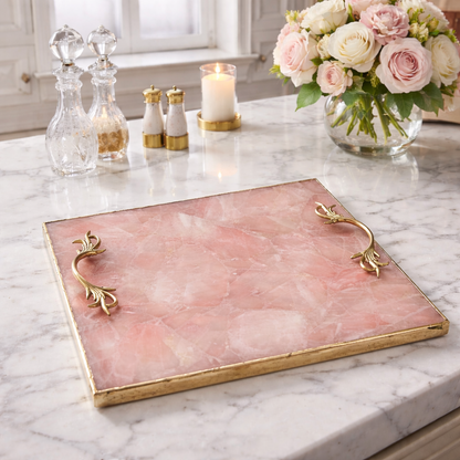 Rose Quartz Agate Serving Tray With Brass Handles