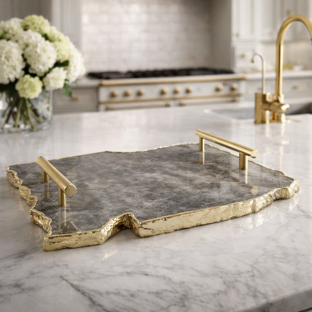 Large Smoky Grey Agate Serving Tray With Plain Modern Brass Handles/Personalised Momentos/Sign Boards 10"x15"