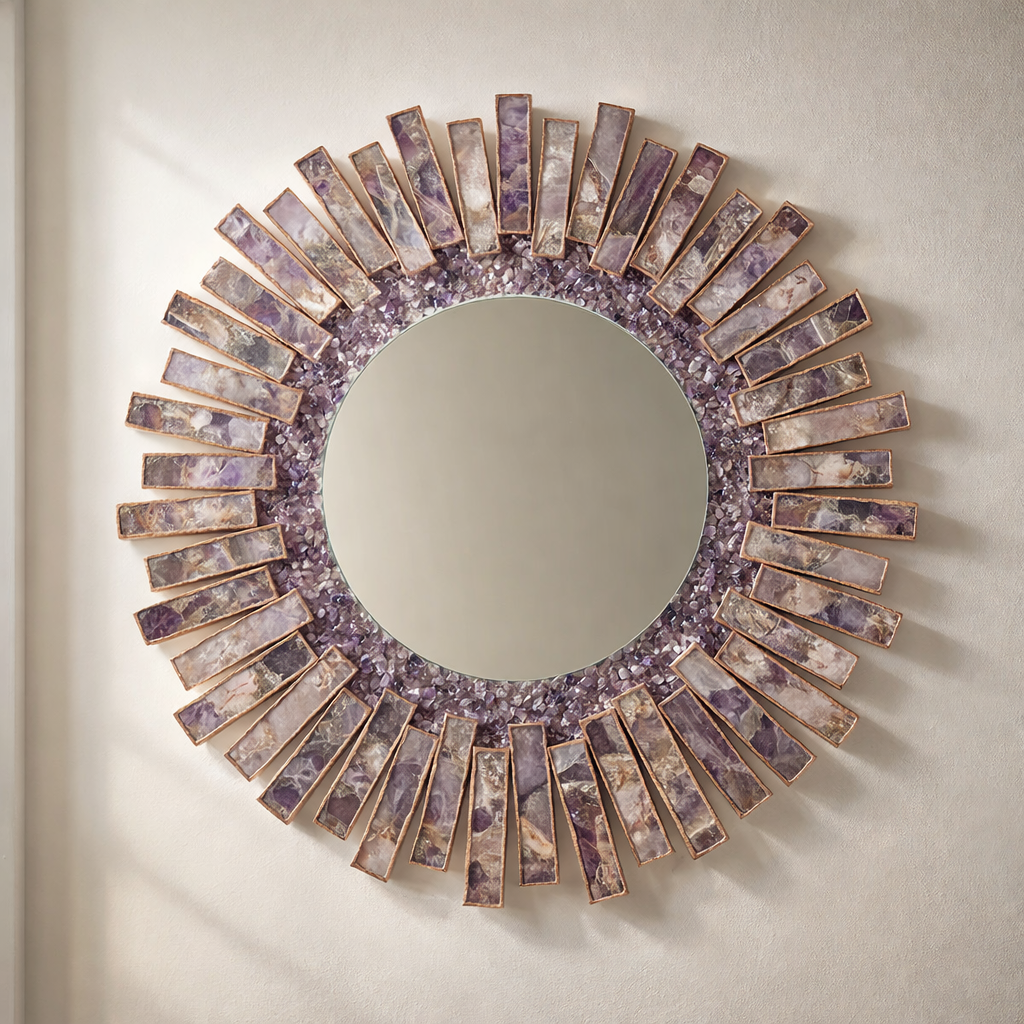 Starburst - Handmade 20" Round Rose Gold Plated Amethyst Mirror with Amethyst Crystal Gemstones
