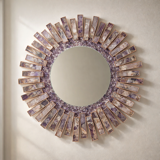 Starburst - Handmade 20" Round Rose Gold Plated Amethyst Mirror with Amethyst Crystal Gemstones
