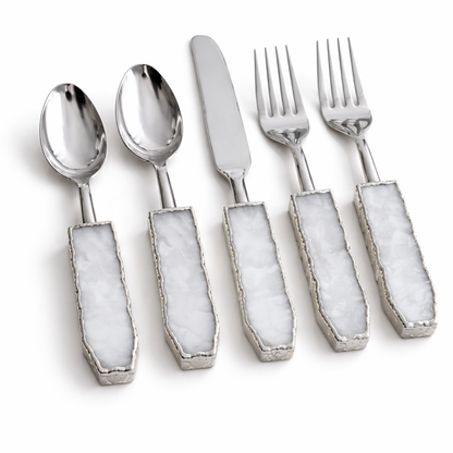 Set of 5 Pieces White Agate Cutlery - Forks/Spoons/Knife
