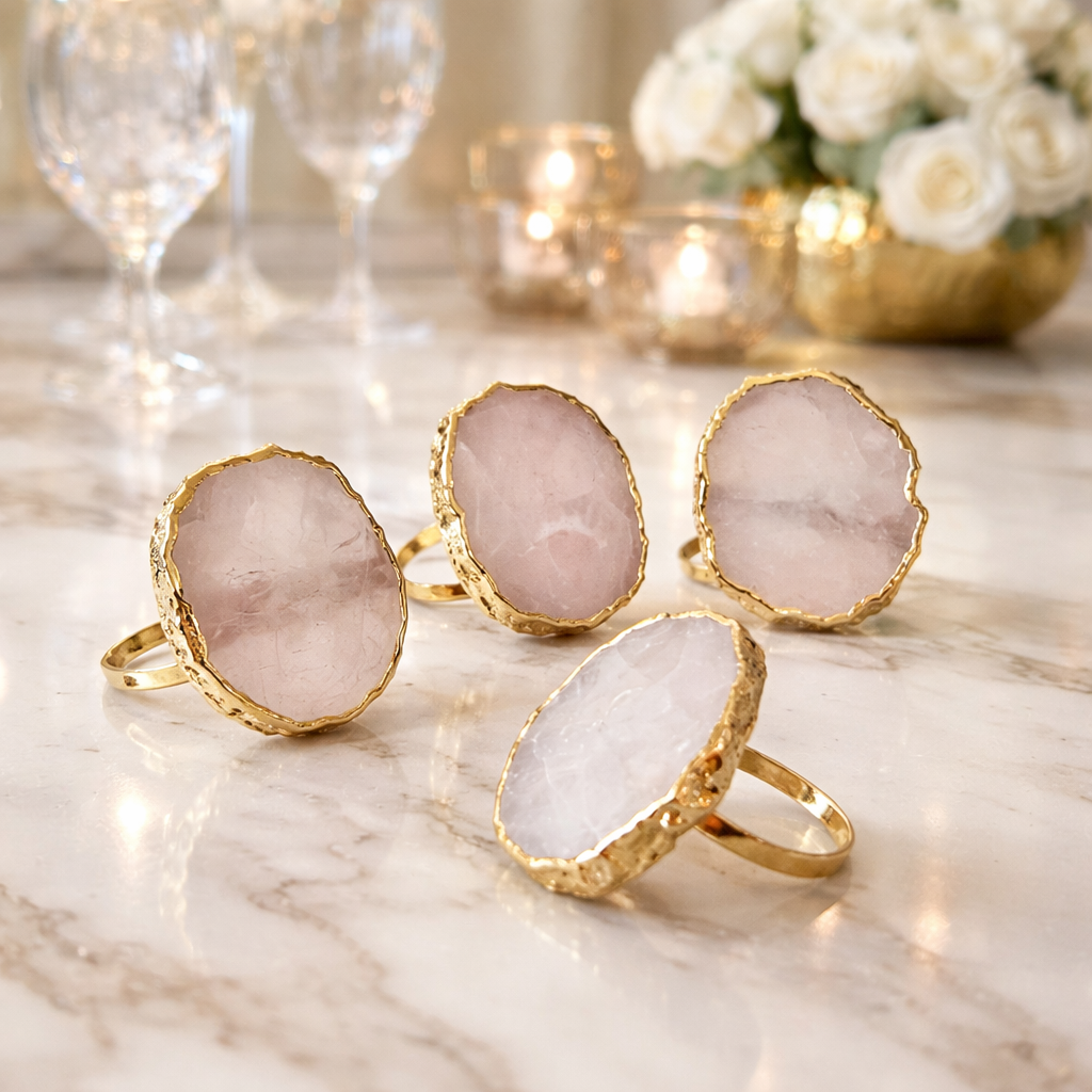 Set of 4 Hand Rounded Rose Quartz Agate Napkin Rings
