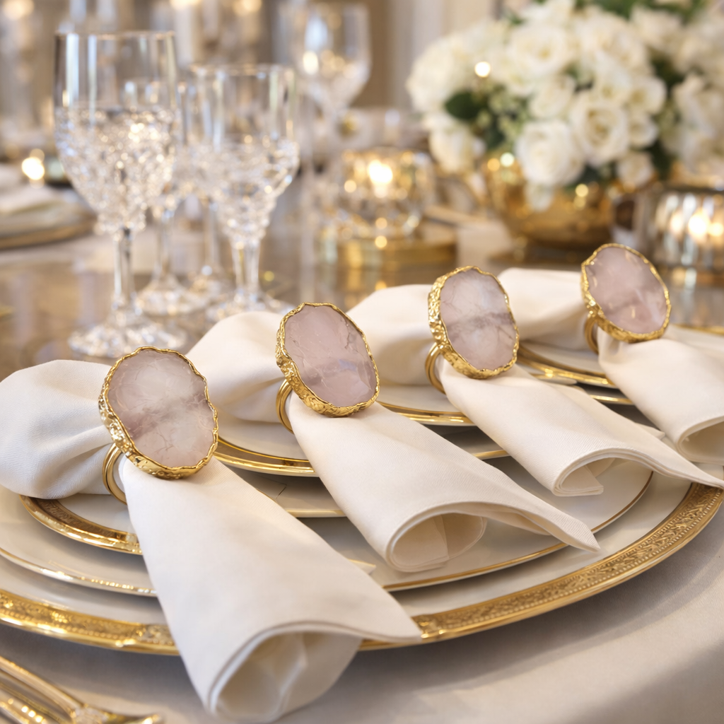 Set of 4 Hand Rounded Rose Quartz Agate Napkin Rings