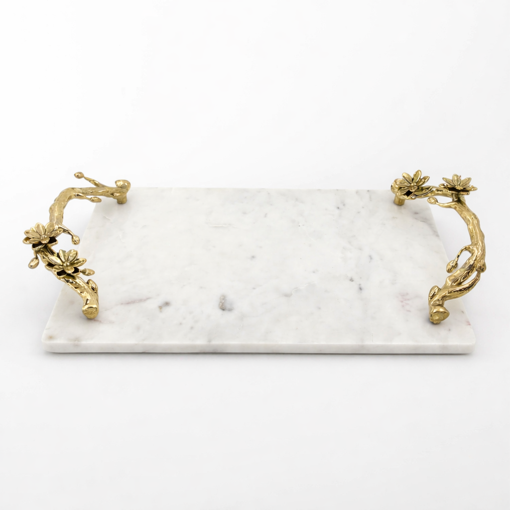 White Marble Tray with Gilded Floral Handles | Decorative Serveware | Shop Now