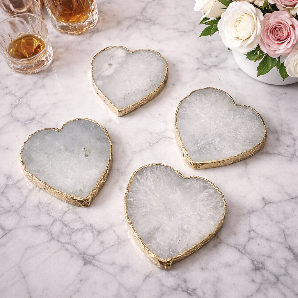 White Grey Agate - Set of 4 Large Heart Shaped Coasters | Personalised Momentos
