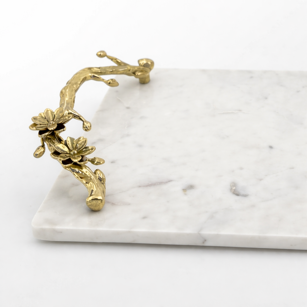 White Marble Tray with Gilded Floral Handles | Decorative Serveware | Shop Now