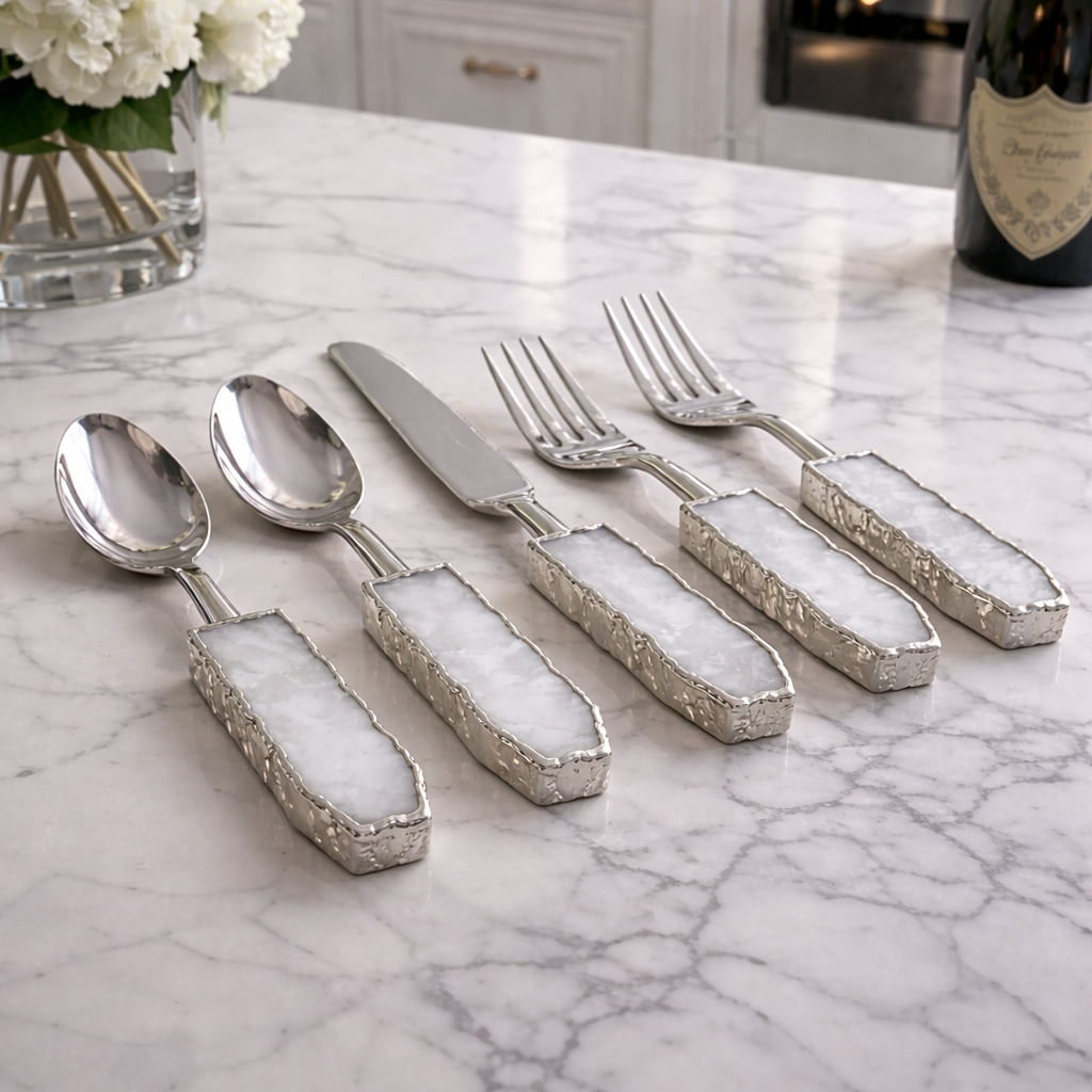 Set of 5 Pieces White Agate Cutlery - Forks/Spoons/Knife