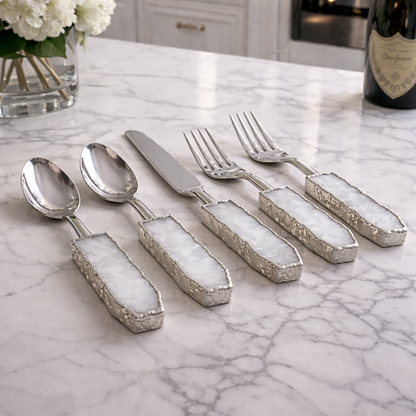 Set of 5 Pieces White Agate Cutlery - Forks/Spoons/Knife