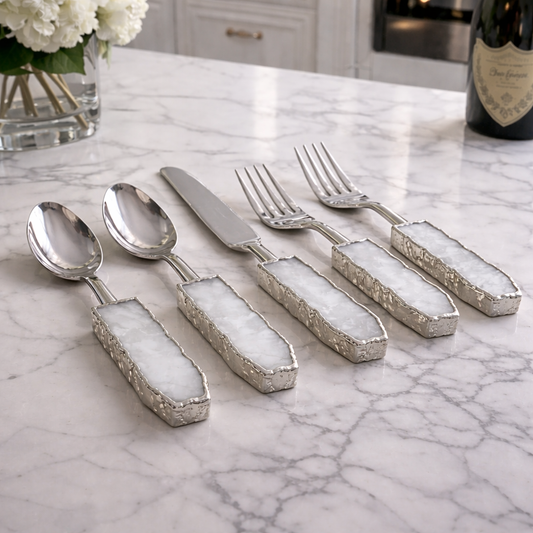 Set of 5 Pieces White Agate Cutlery - Forks/Spoons/Knife