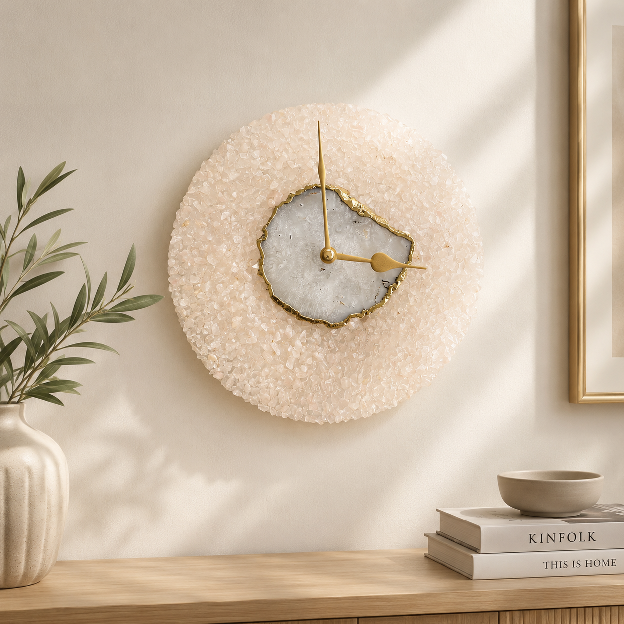 Peach crystal agate wall clock 10-inch, India | The Tangerine Store