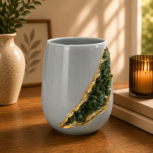 Grey Ceramic Short Teardrop Vase with Crystal Inlay