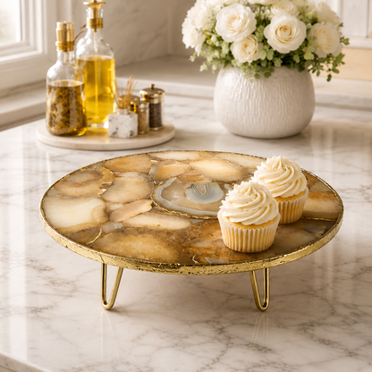 Golden Brown Agate Cake Stand — finish options, gold, silver, rose gold