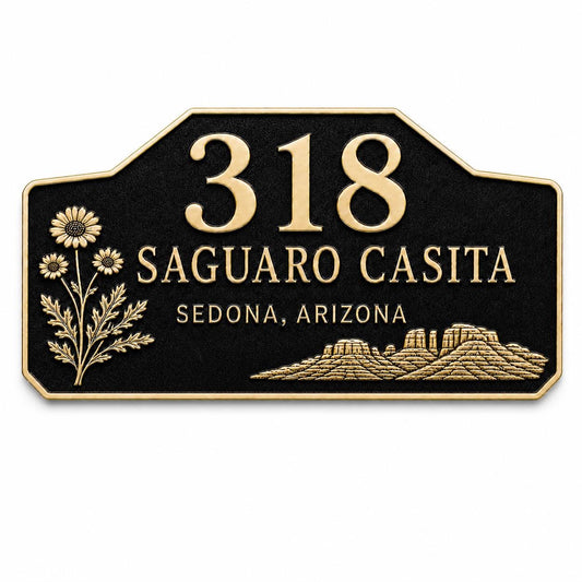 Desert Mesa name plate with raised number, two wording lines and desert flower relief