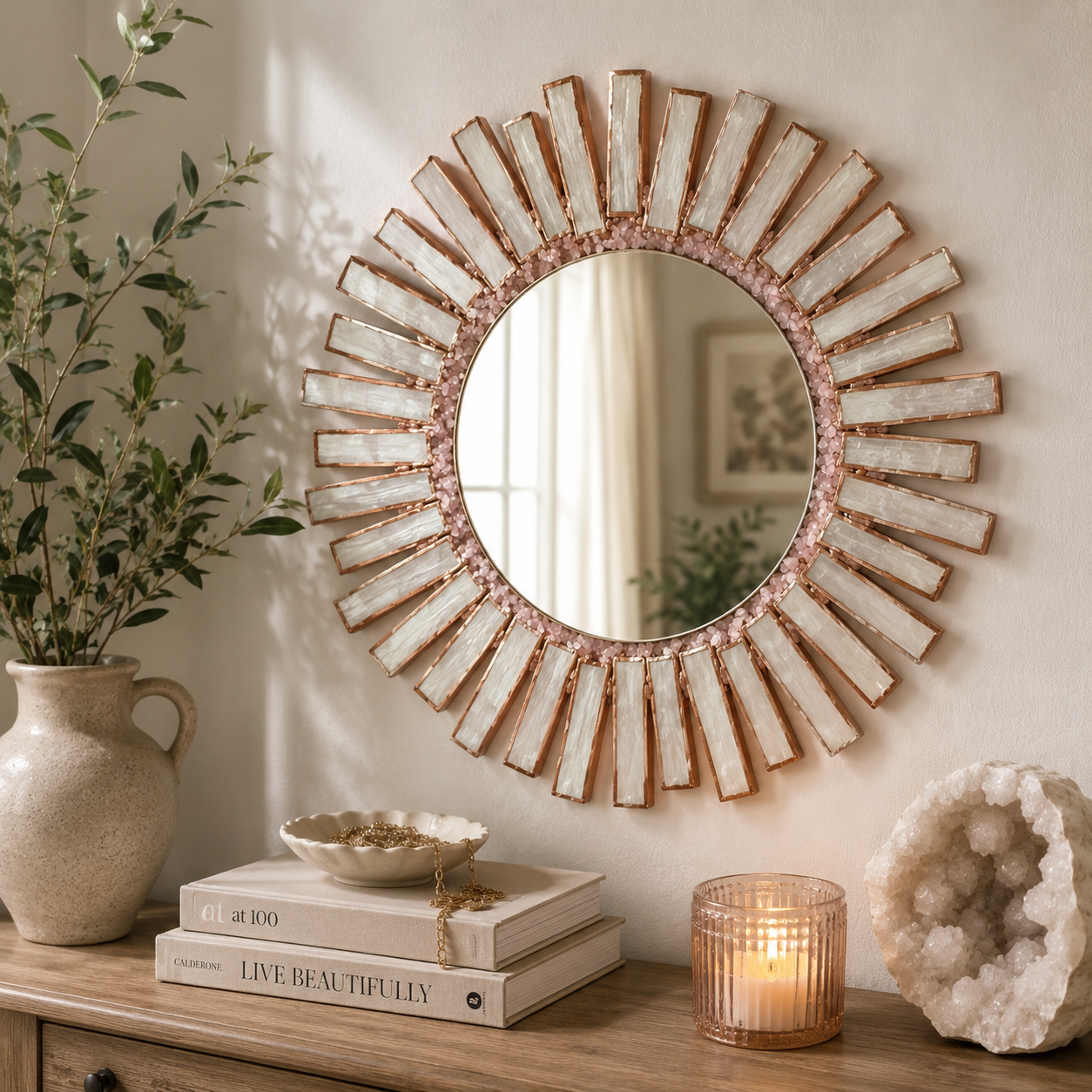 Selenite & Rose Quartz Starburst Mirror